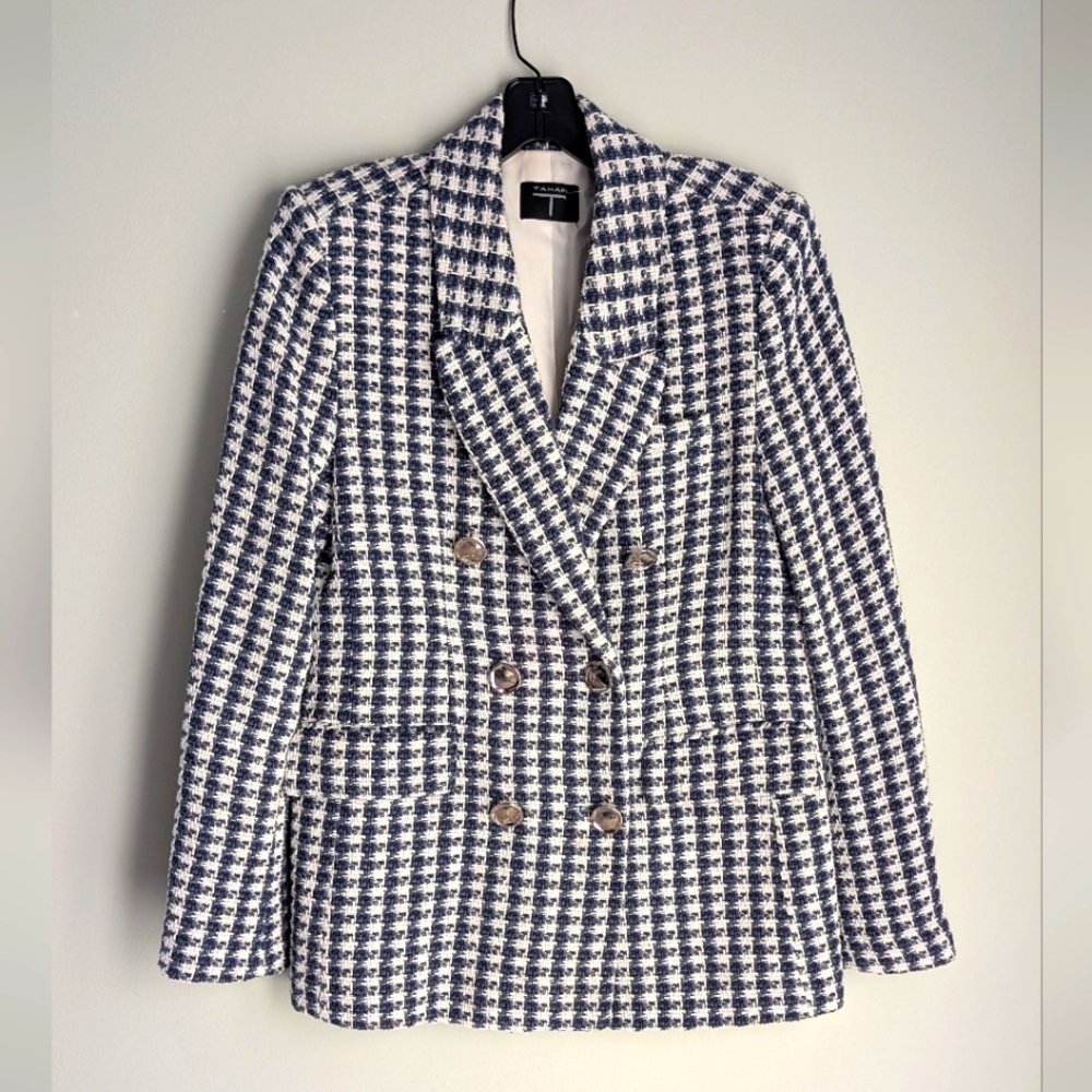 Tahari | Blue and White Houndstooth Blazer